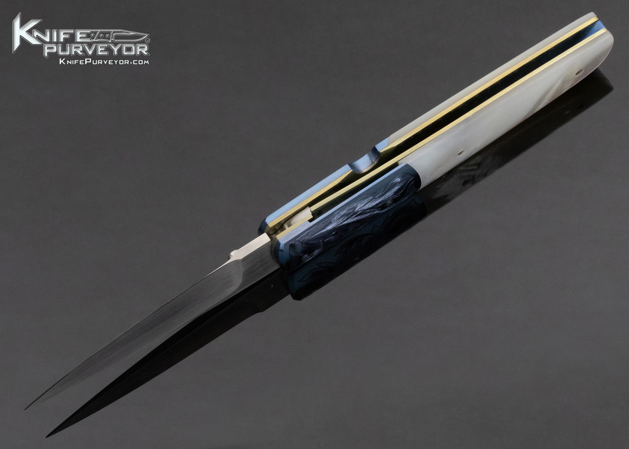 Stanley Fujisaka Custom Knife Mother of Pearl Linerlock with Engraved Bolsters 13473