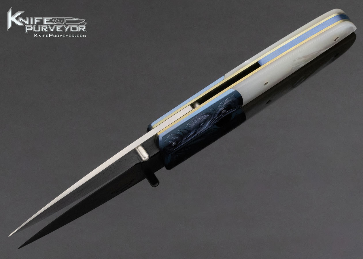 Stanley Fujisaka Custom Knife Mother of Pearl Linerlock with Engraved Bolsters - Image 4