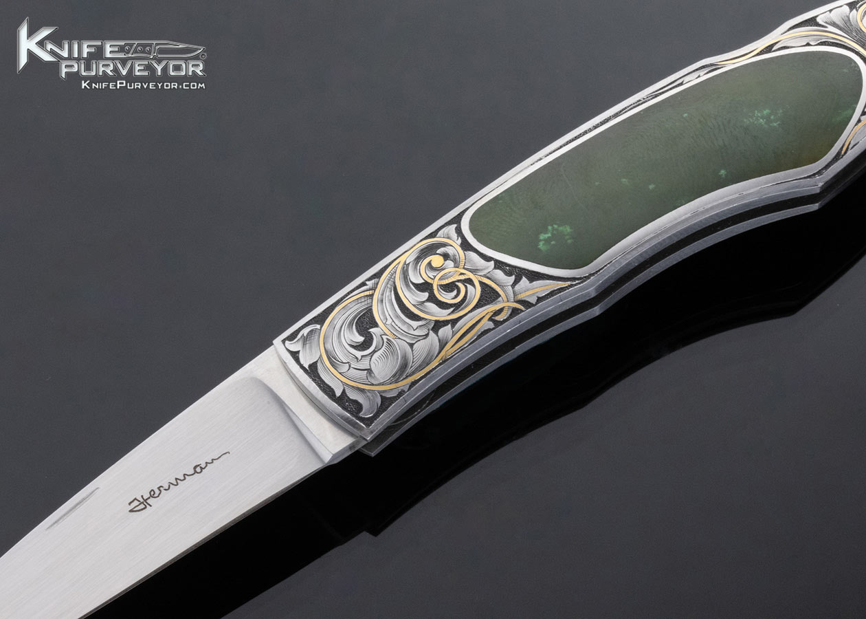 Tim Herman Custom Knife Sole Authorship Engraved Jade Interframe Lockback with 24 Kt Gold Inlays - Image 2