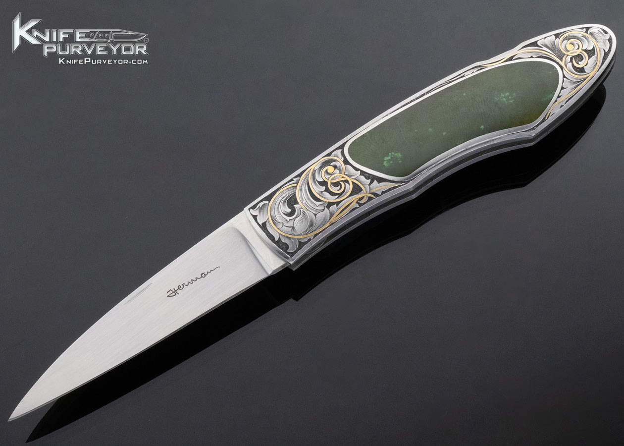 Tim Herman Custom Knife Sole Authorship Engraved Jade Interframe Lockback with 24 Kt Gold Inlays 13716