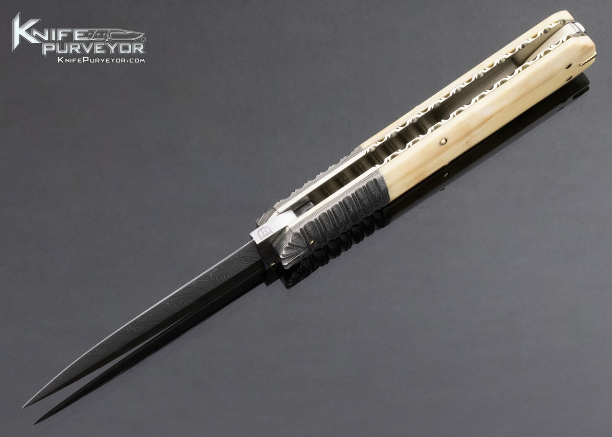 Barry Davis Custom Knife Sole Authorship Damascus Mammoth Lockback with Gold Toothpick & Tweezers - Image 5