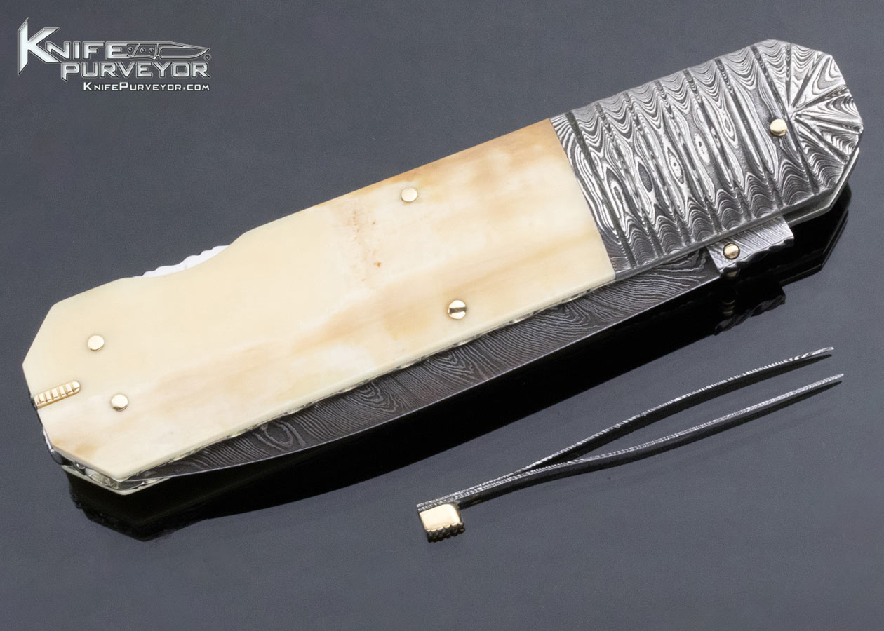 Barry Davis Custom Knife Sole Authorship Damascus Mammoth Lockback with Gold Toothpick & Tweezers - Image 4