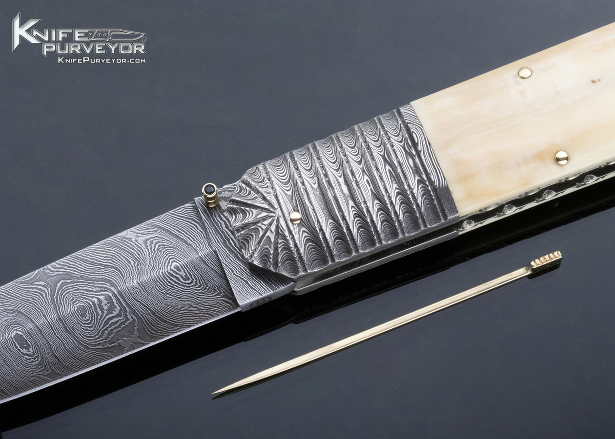 Barry Davis Custom Knife Sole Authorship Damascus Mammoth Lockback with Gold Toothpick & Tweezers - Image 2