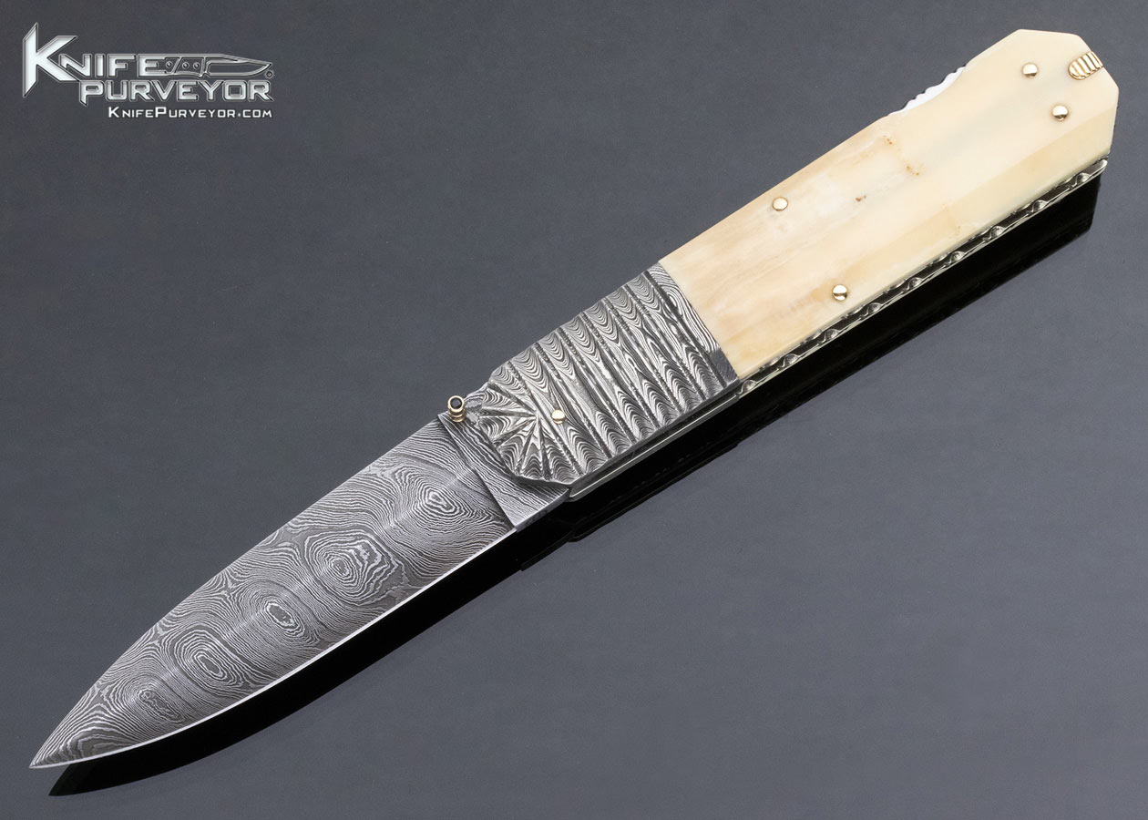 Barry Davis Custom Knife Sole Authorship Damascus Mammoth Lockback w/ Gold Toothpick & Tweezers 13787