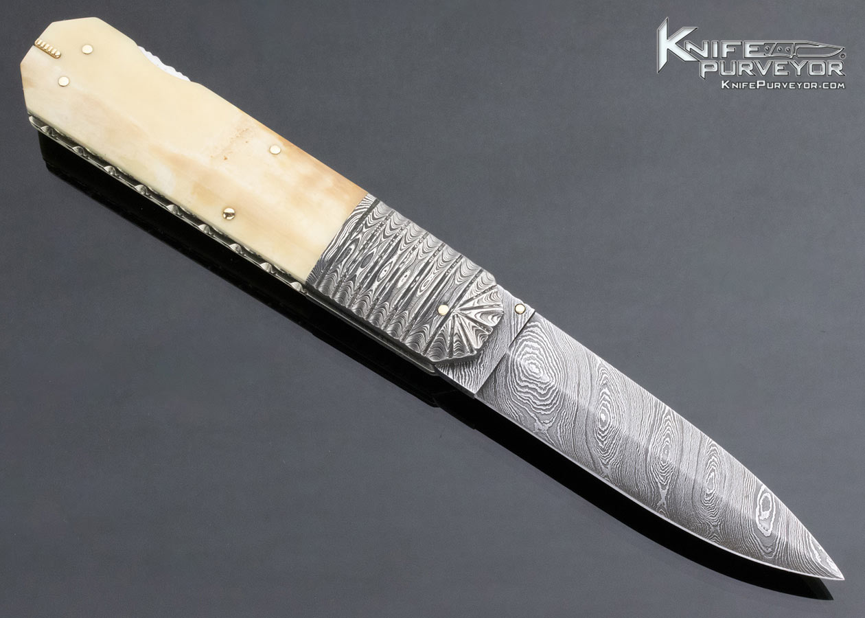 Barry Davis Custom Knife Sole Authorship Damascus Mammoth Lockback with Gold Toothpick & Tweezers - Image 3