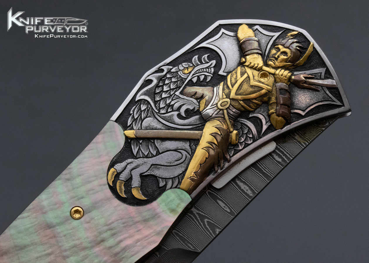 Matthew Lerch Custom Knife Ron Skaggs Engraved Damascus and Blacklip Pearl Automatic Linerlock - Image 4