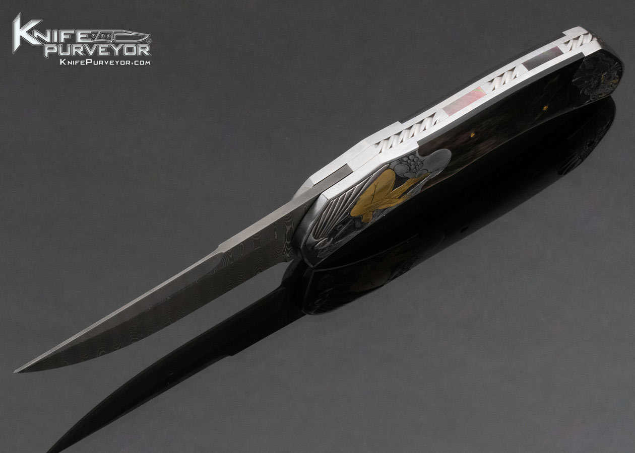 Matthew Lerch Custom Knife Ron Skaggs Engraved Damascus and Blacklip Pearl Automatic Linerlock - Image 7