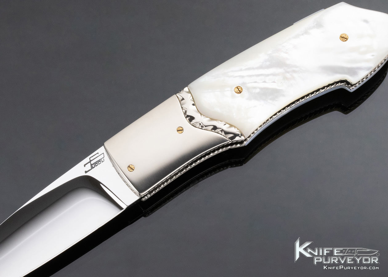 Salvatore Puddu Custom Knife Large Duca Mother of Pearl Titanium & Gold Bale Lockback Folder (Featured in a Video) - Image 2