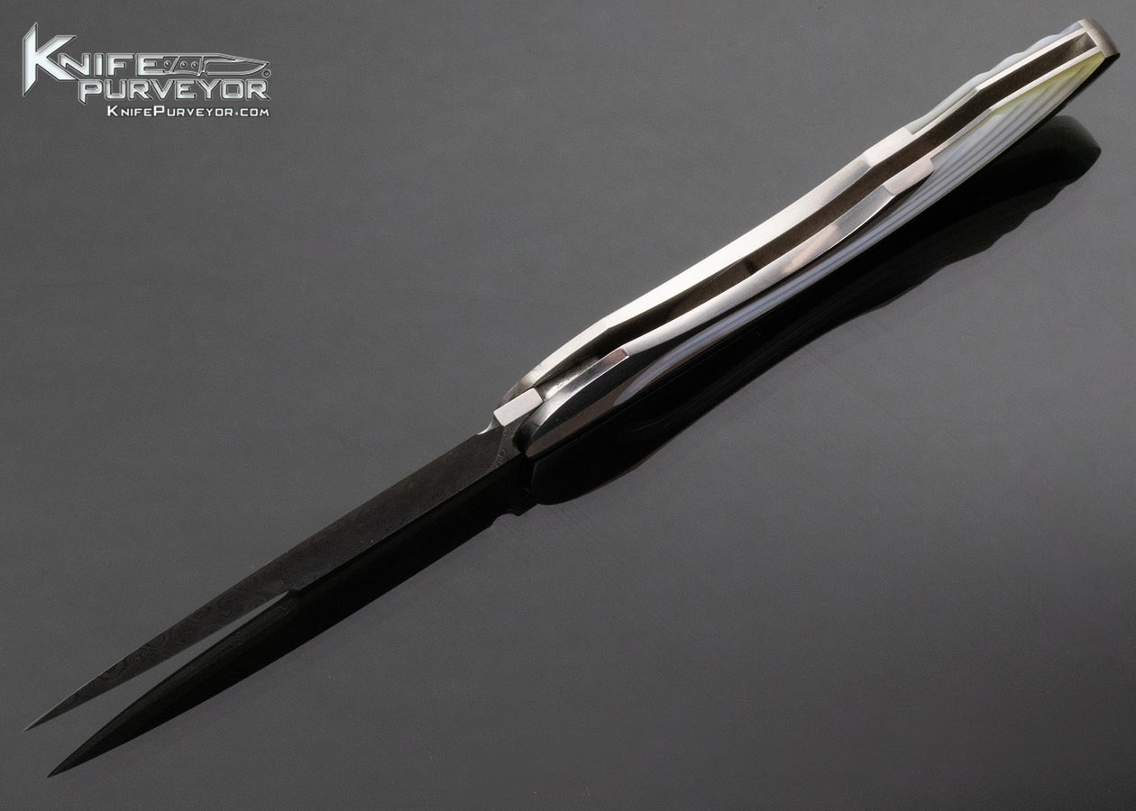 Warren Osborne Custom Knife Mike Norris Stainless Damascus Fluted Pearl Semi Interframe Lockback - Image 6