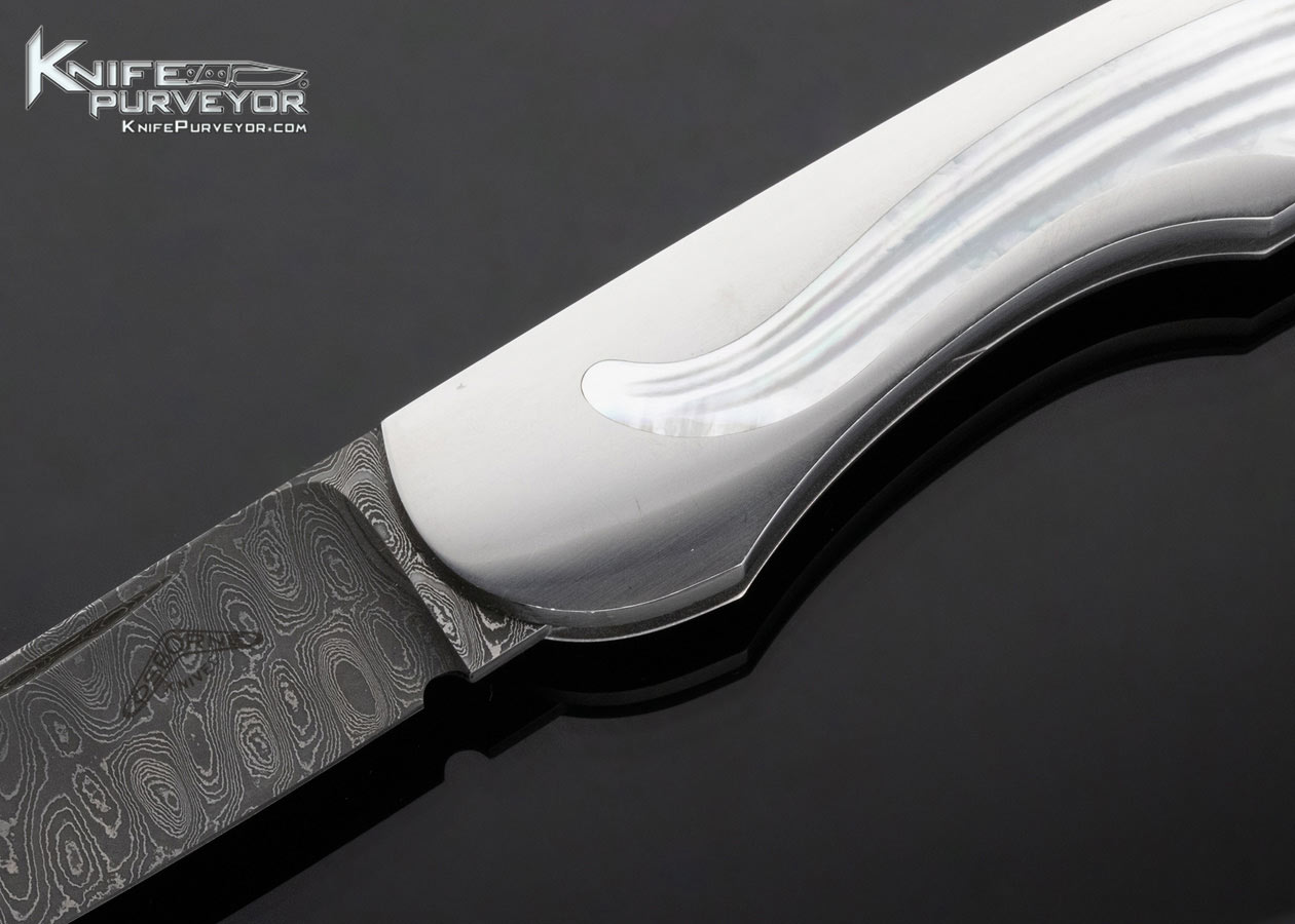 Warren Osborne Custom Knife Mike Norris Stainless Damascus Fluted Pearl Semi Interframe Lockback - Image 2