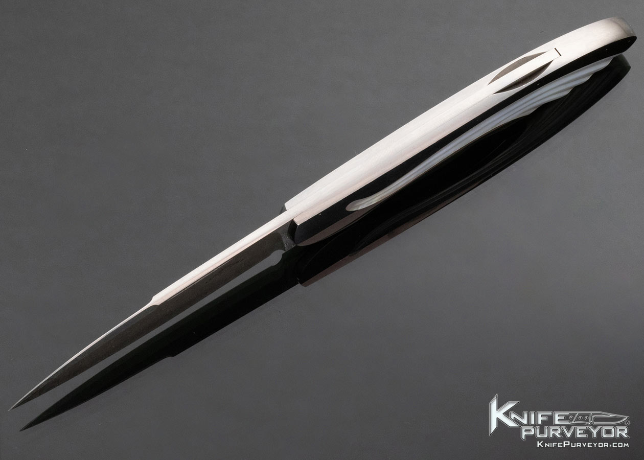 Warren Osborne Custom Knife Mike Norris Stainless Damascus Fluted Pearl Semi Interframe Lockback - Image 5