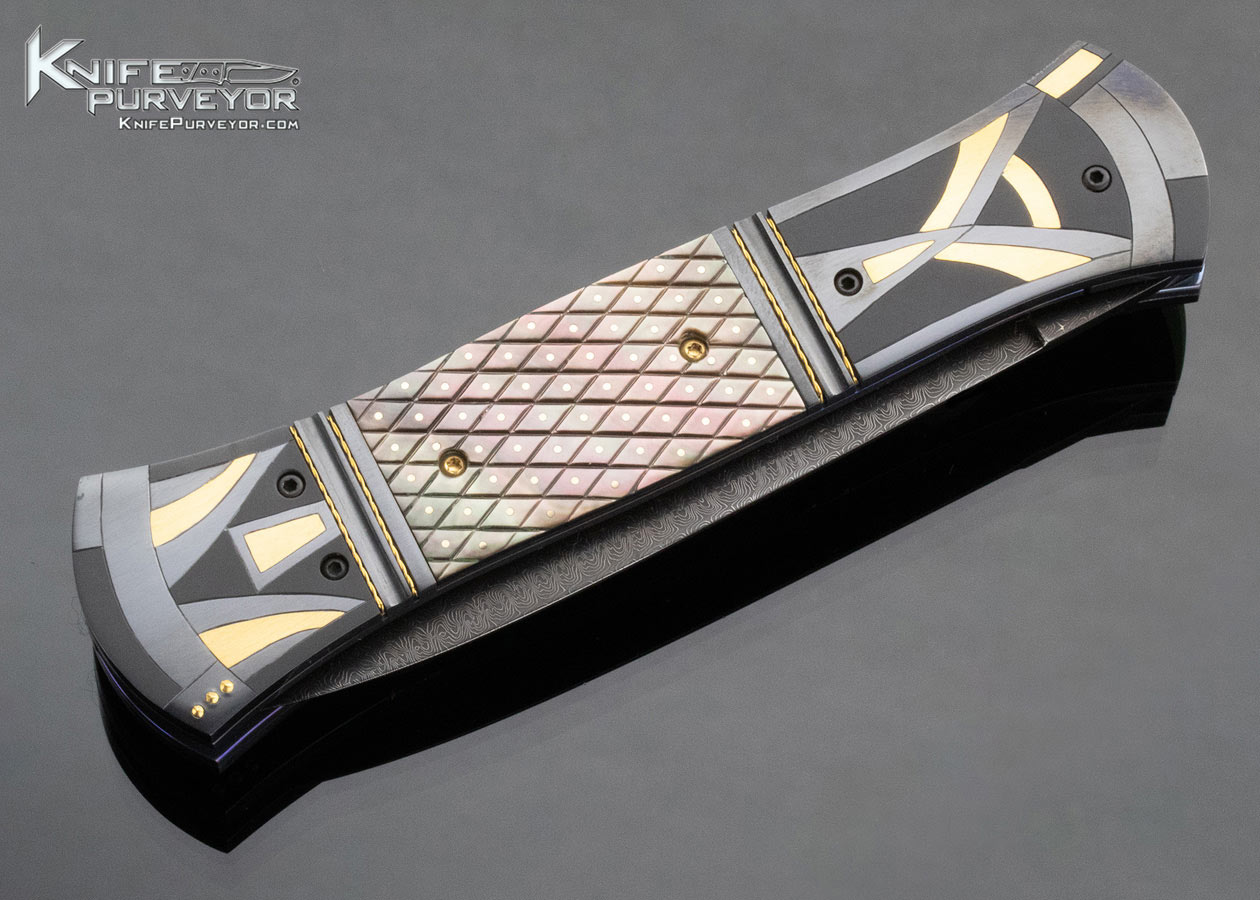 Jim Minnick Custom Knife Jerry Rados Turkish Twist Damascus With 24Kt Gold Inlays & Black Lip Tahitian Pearl Shell Automatic Linerlock - Image 5