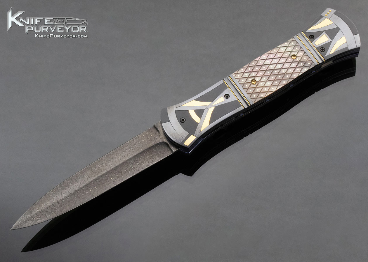 Jim Minnick Custom Knife Jerry Rados Turkish Twist Damascus With 24Kt Gold Inlays & Black Lip Tahitian Pearl Shell Automatic Linerlock 11441