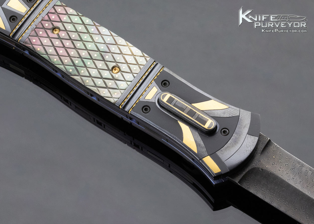 Jim Minnick Custom Knife Jerry Rados Turkish Twist Damascus With 24Kt Gold Inlays & Black Lip Tahitian Pearl Shell Automatic Linerlock - Image 4