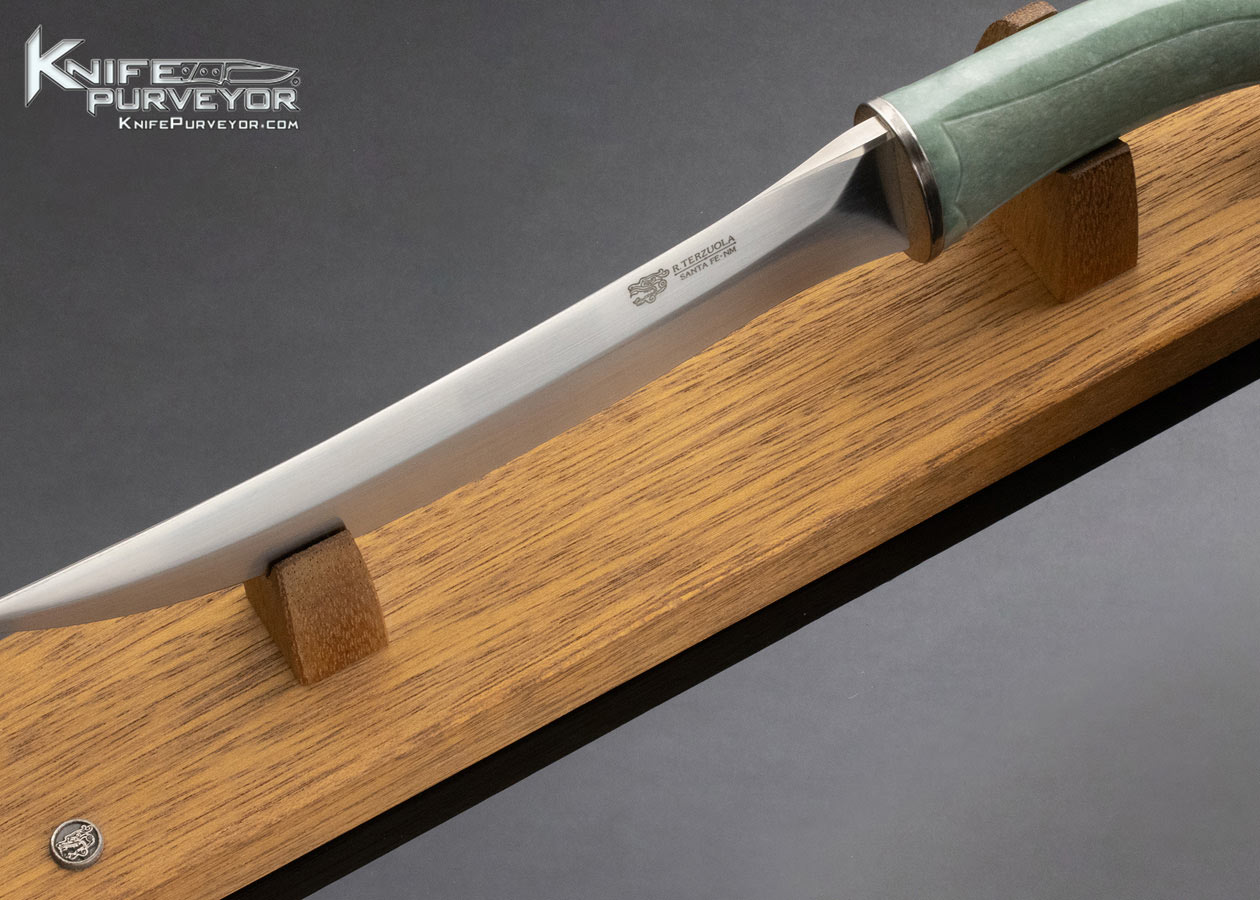 Bob Terzuola Custom Knife Carved Jade Persian Fixed Blade with Wooden Display Stand - Image 6