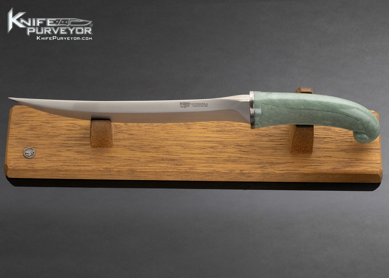 Bob Terzuola Custom Knife Carved Jade Persian Fixed Blade with Wooden Display Stand - Image 7
