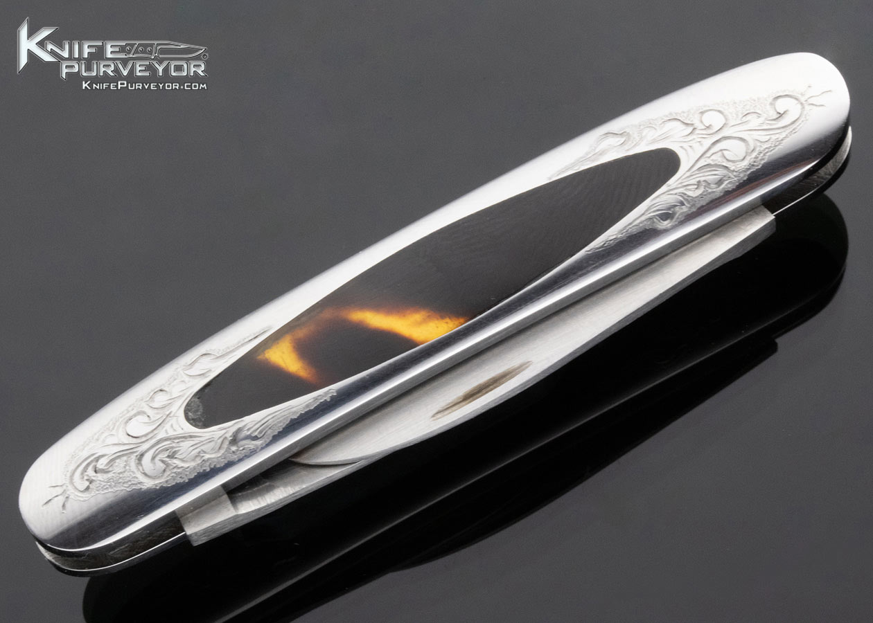 Chuck Stewart Custom Knife Engraved Amber Interframe 2 Blade Slipjoint - Image 4