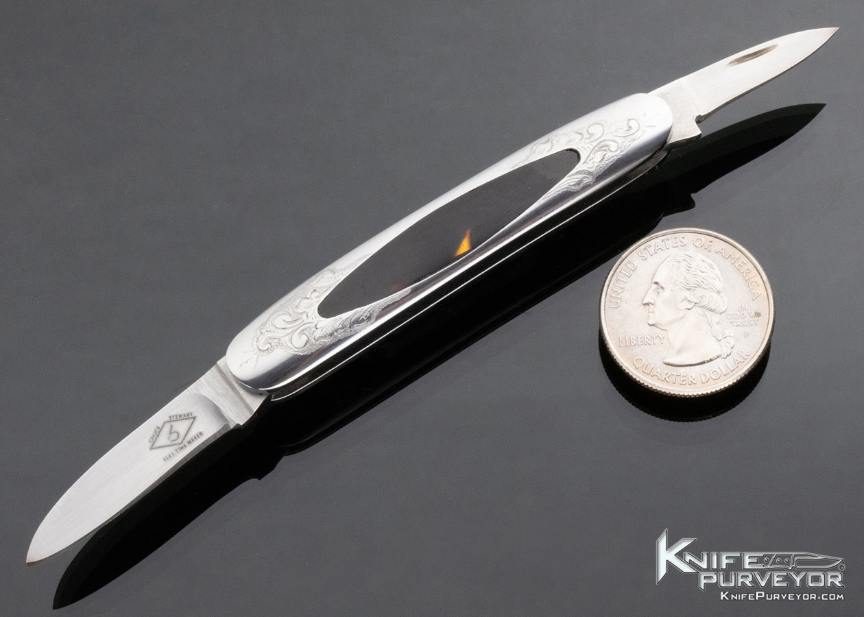 Chuck Stewart Custom Knife Engraved Amber Interframe 2 Blade Slipjoint 13725