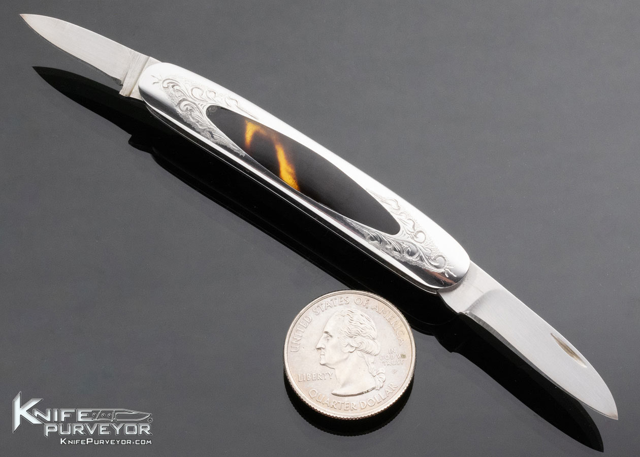 Chuck Stewart Custom Knife Engraved Amber Interframe 2 Blade Slipjoint - Image 3