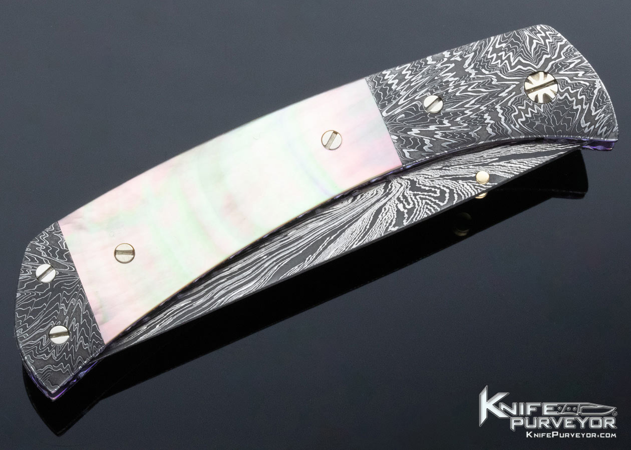 Cliff Parker Custom Knife Black Lip Pearl Shell and Sole Authorship Damascus Linerlock - Image 4