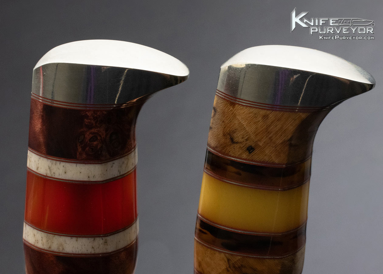 D'Alton Holder Custom Knife Fixed Blade Set with Dyed Burl, Strawberry Amber, Walrus Oosic, Spalted Maple, Ironwood Complete with Leather Sheaths - Image 10