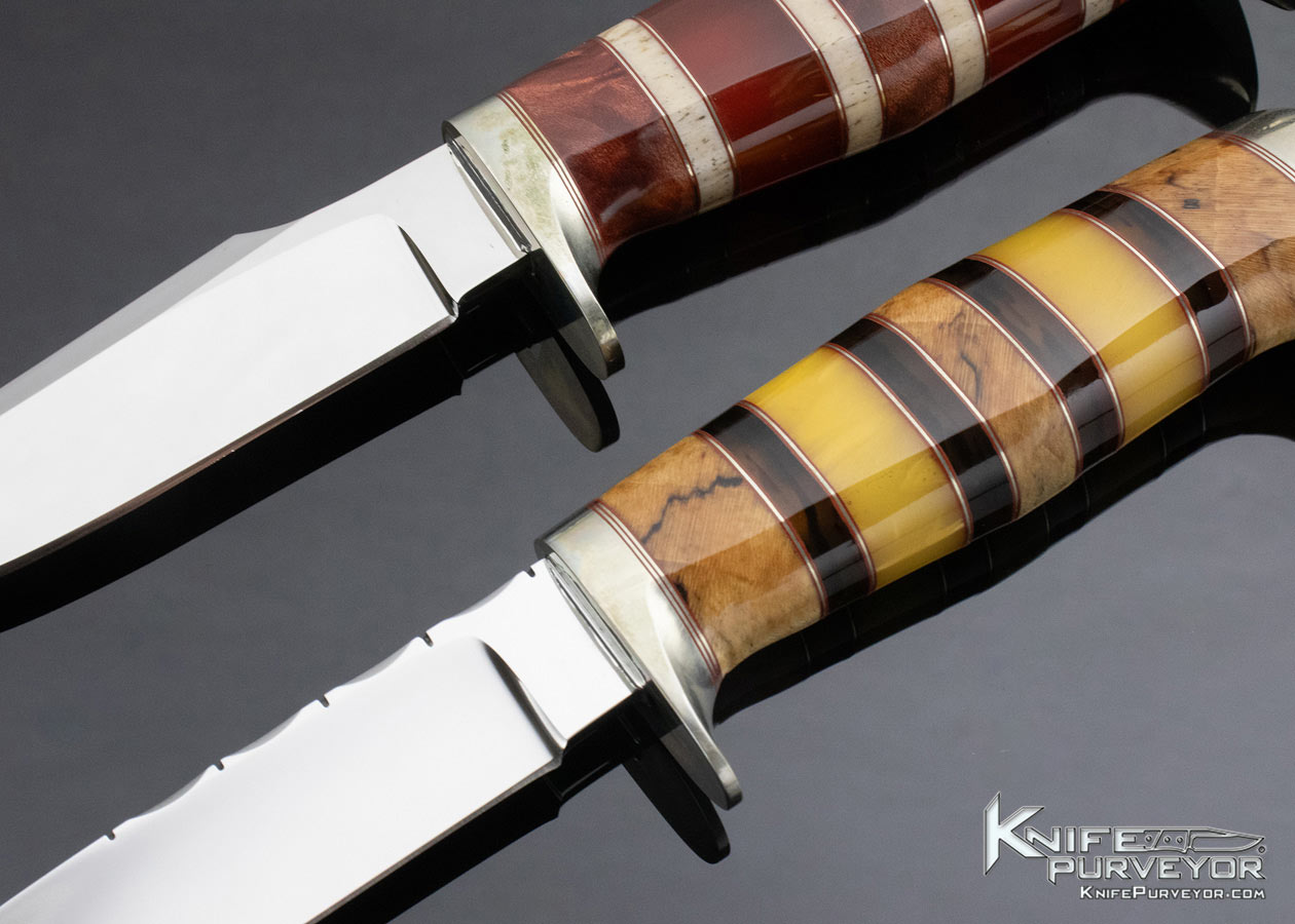 D'Alton Holder Custom Knife Fixed Blade Set with Dyed Burl, Strawberry Amber, Walrus Oosic, Spalted Maple, Ironwood Complete with Leather Sheaths - Image 2
