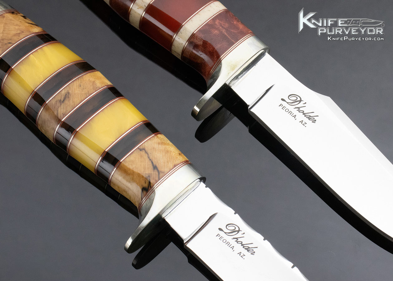 D'Alton Holder Custom Knife Fixed Blade Set with Dyed Burl, Strawberry Amber, Walrus Oosic, Spalted Maple, Ironwood Complete with Leather Sheaths - Image 8