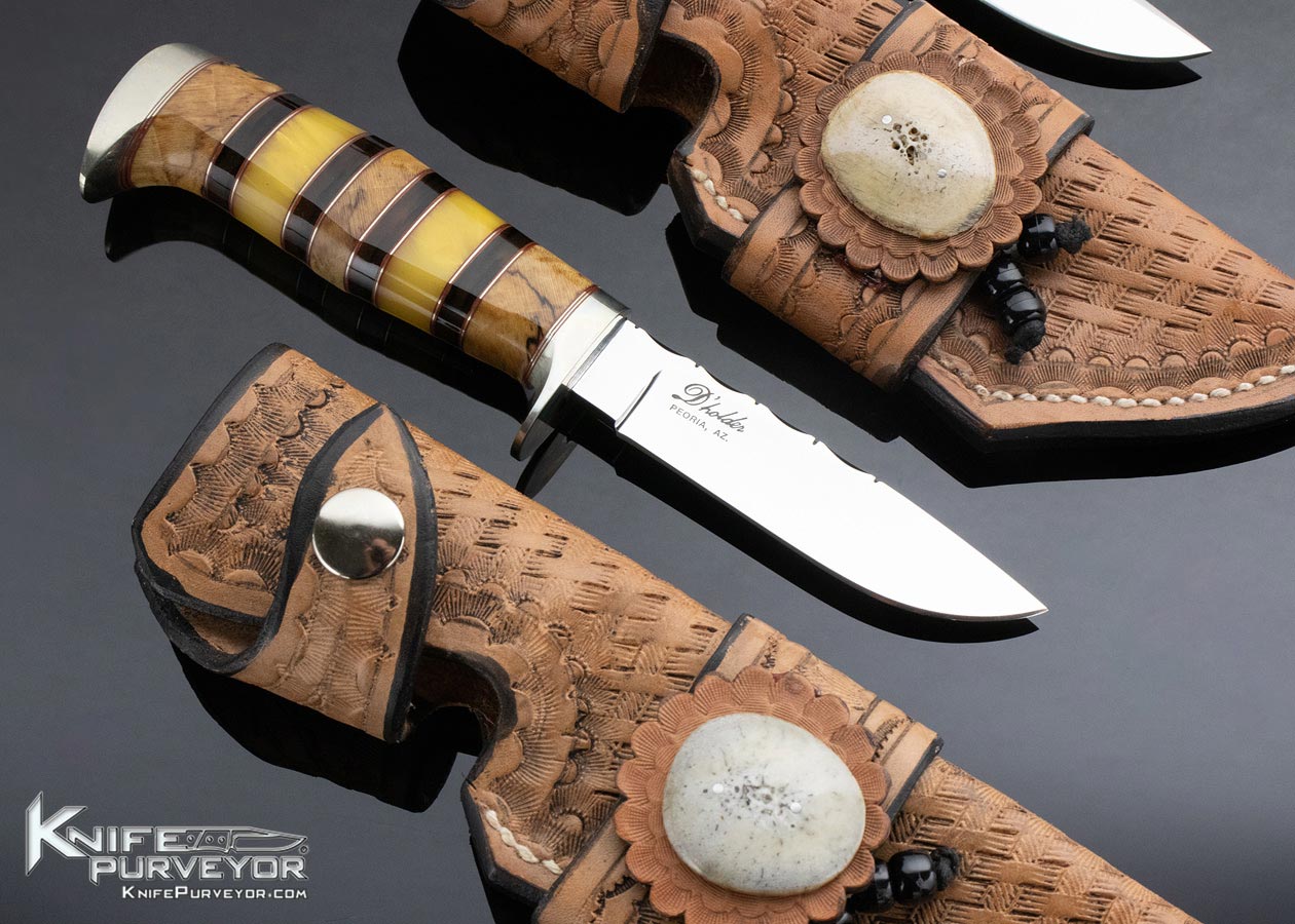 D'Alton Holder Custom Knife Fixed Blade Set with Dyed Burl, Strawberry Amber, Walrus Oosic, Spalted Maple, Ironwood Complete with Leather Sheaths - Image 5