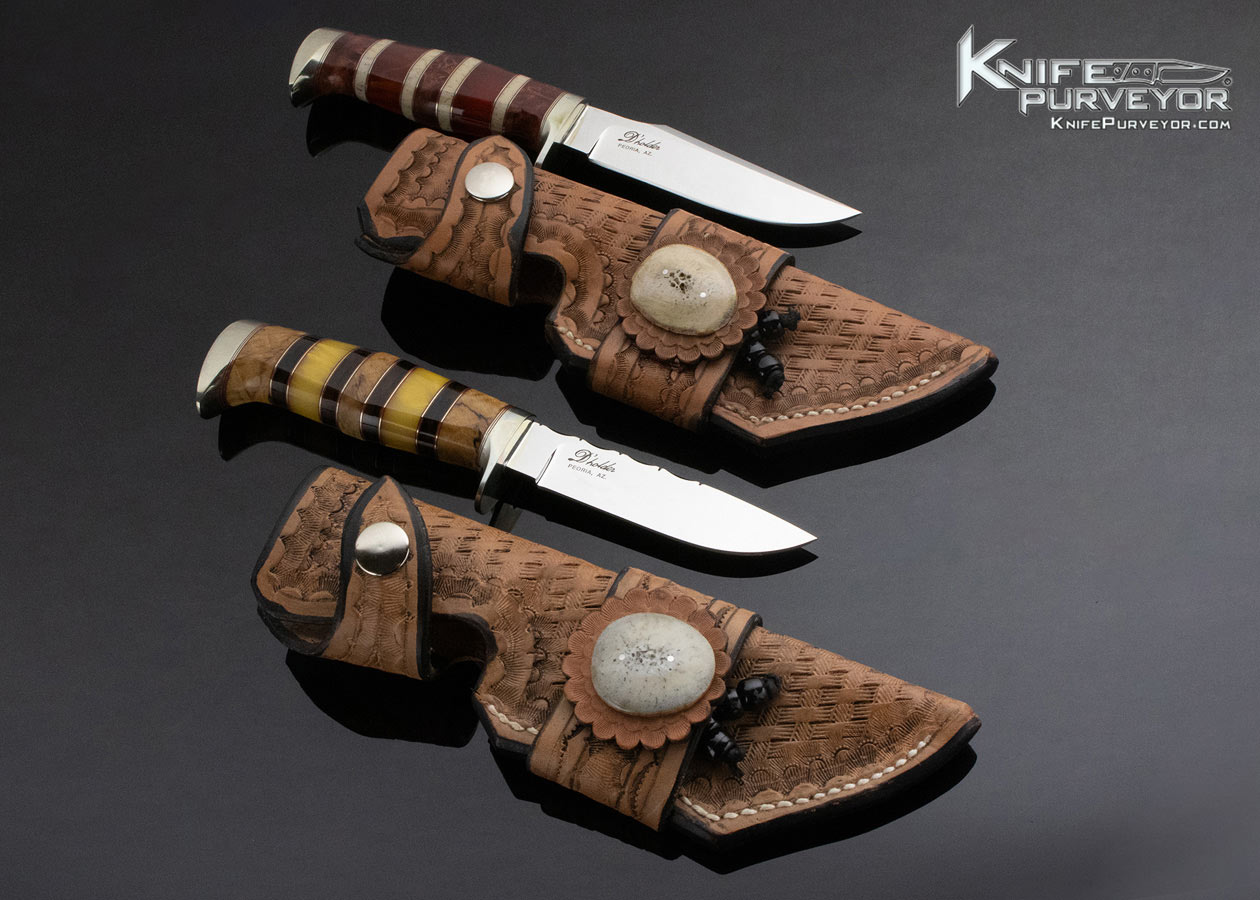 D'Alton Holder Custom Knife Fixed Blade Set with Dyed Burl, Strawberry Amber, Walrus Oosic, Spalted Maple, Ironwood Complete with Leather Sheaths - Image 4