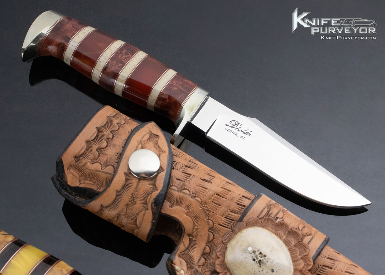 D'Alton Holder Custom Knife Fixed Blade Set with Dyed Burl, Strawberry Amber, Walrus Oosic, Spalted Maple, Ironwood Complete with Leather Sheaths - Image 6
