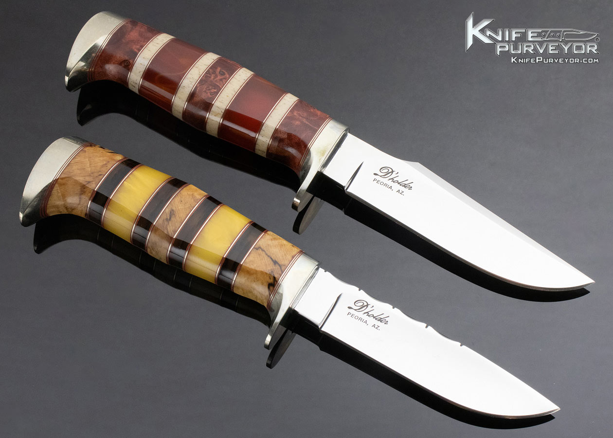 D'Alton Holder Custom Knife Fixed Blade Set with Dyed Burl, Strawberry Amber, Walrus Oosic, Spalted Maple, Ironwood Complete with Leather Sheaths - Image 7