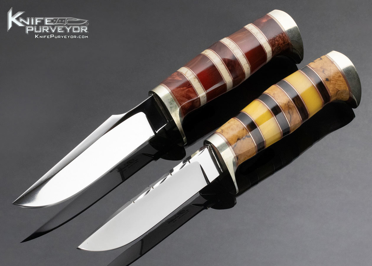 D'Alton Holder Custom Knife Fixed Blade Set with Dyed Burl, Strawberry Amber, Walrus Oosic, Spalted Maple, Ironwood Complete with Leather Sheaths - Image 3