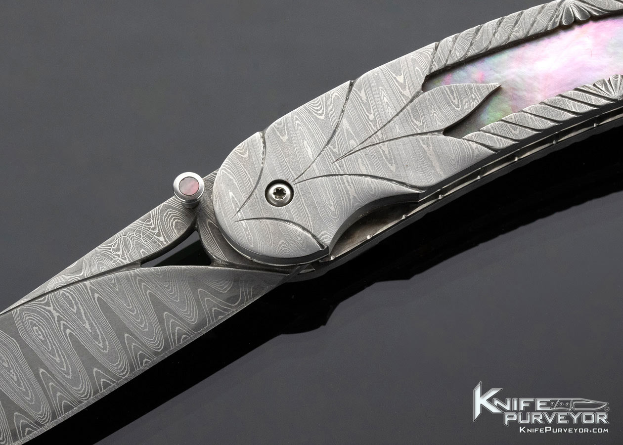 Doug Casteel Custom Knife Tahitian Blacklip Pearl and Damascus Linerlock - Image 2
