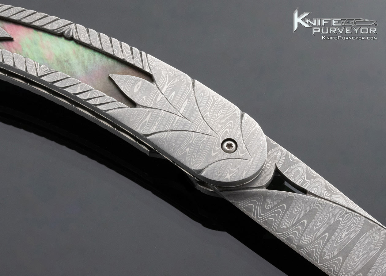 Doug Casteel Custom Knife Tahitian Blacklip Pearl and Damascus Linerlock - Image 5