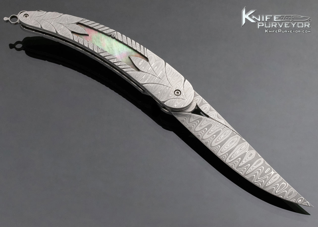 Doug Casteel Custom Knife Tahitian Blacklip Pearl and Damascus Linerlock - Image 4