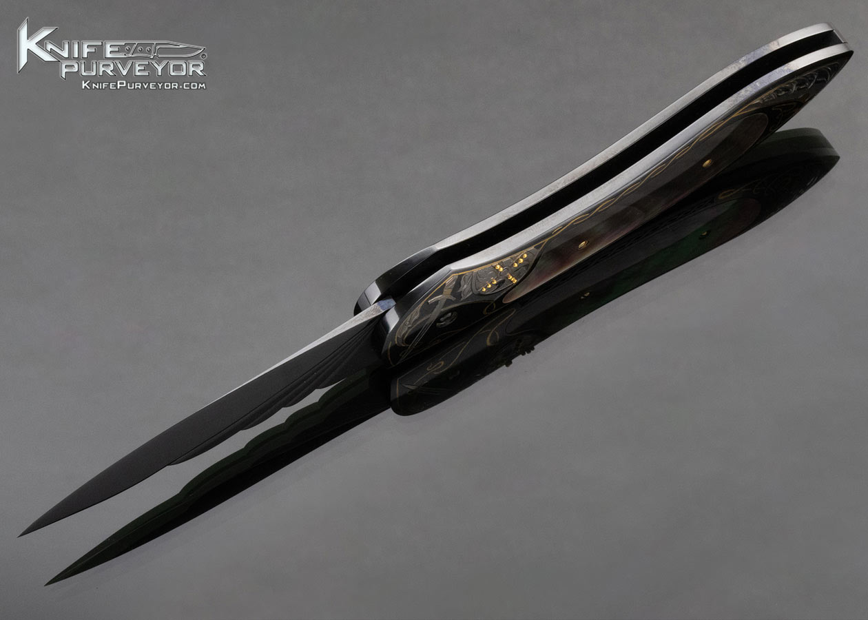 Jim Minnick Custom Knife Damascus and Black Lip Pearl Button Release Automatic "Celtic Wizard" Engraved by Joyce Minnick 11443