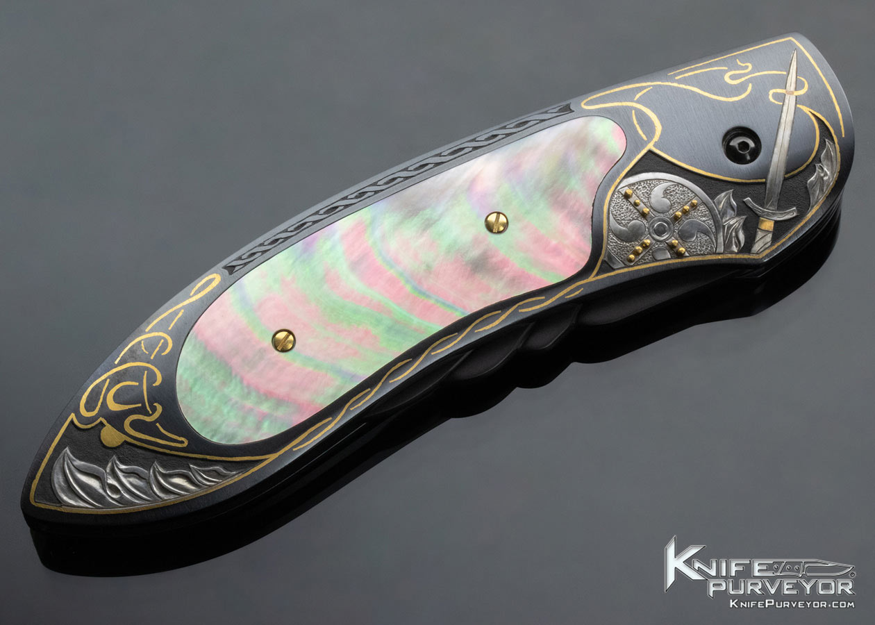 Jim Minnick Custom Knife Damascus and Black Lip Pearl Button Release Automatic "Celtic Wizard" Engraved by Joyce Minnick (Featured in a Video) - Image 5
