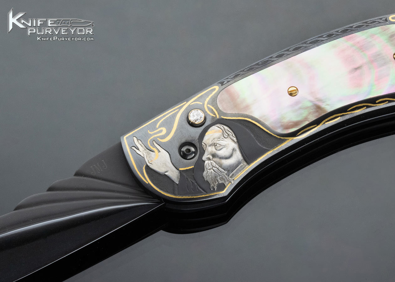 Jim Minnick Custom Knife Damascus and Black Lip Pearl Button Release Automatic "Celtic Wizard" Engraved by Joyce Minnick (Featured in a Video) - Image 2
