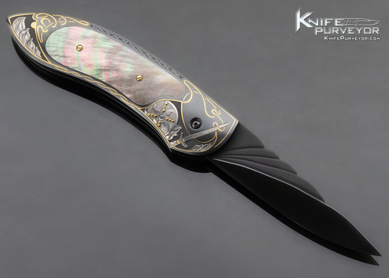 Jim Minnick Custom Knife Damascus and Black Lip Pearl Button Release Automatic "Celtic Wizard" Engraved by Joyce Minnick (Featured in a Video) - Image 3