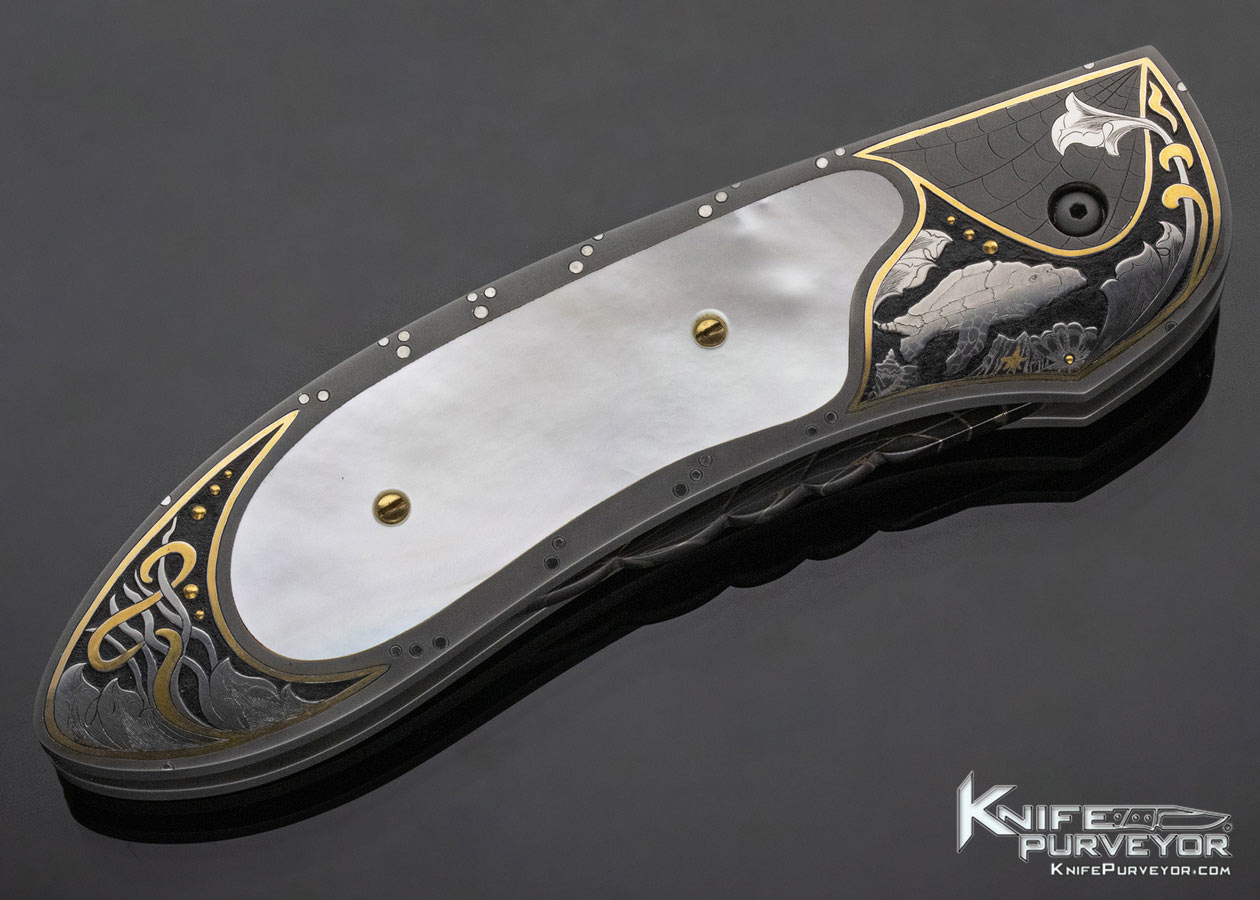 Jim Minnick Custom Knife Damascus and Pearl Button Release Automatic "King of the Seas" Engraved by Joyce Minnick - Image 5
