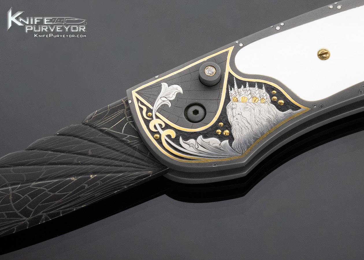 Jim Minnick Custom Knife Damascus and Pearl Button Release Automatic "King of the Seas" Engraved by Joyce Minnick - Image 2