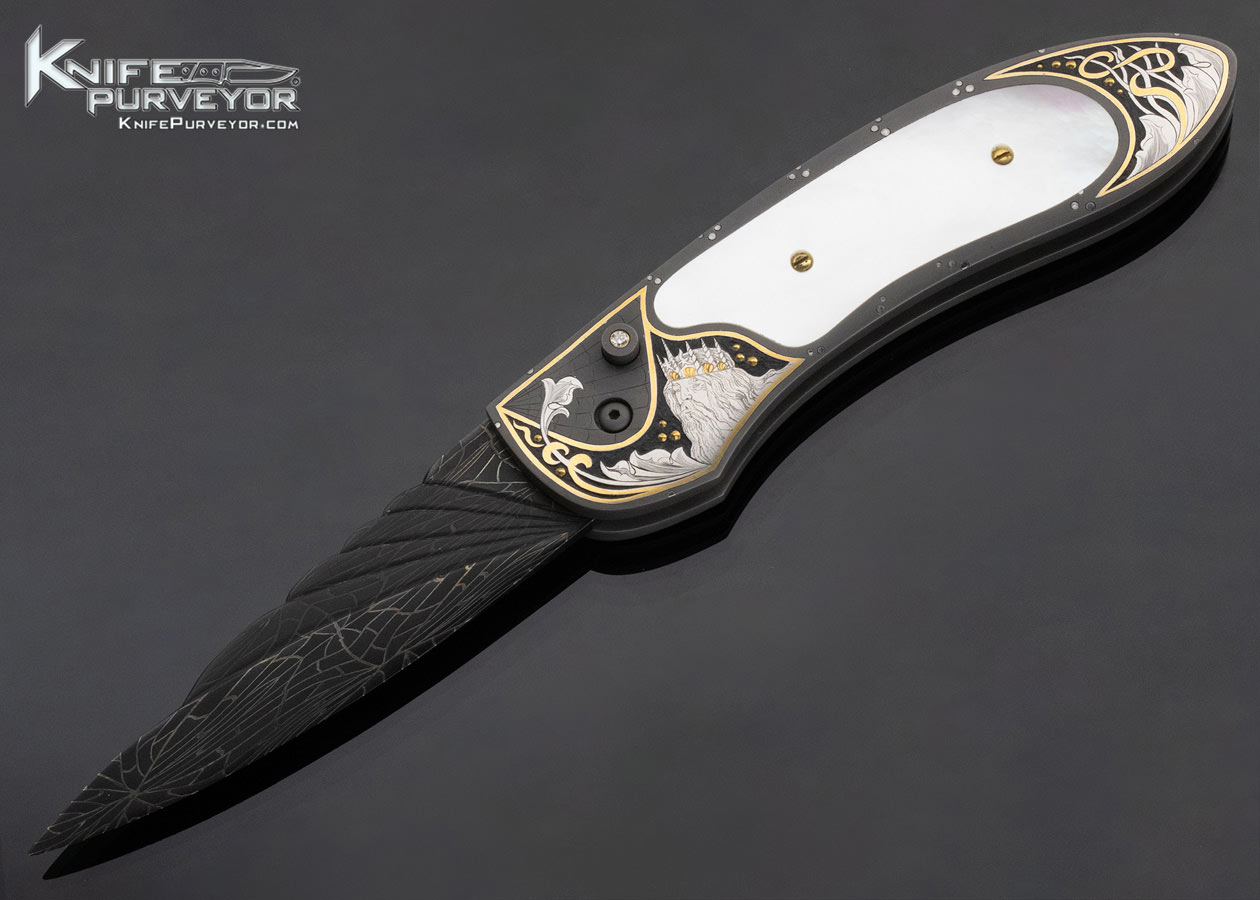 Jim Minnick Custom Knife Damascus and Pearl Button Release Automatic "King of the Seas" Engraved by Joyce Minnick 11442