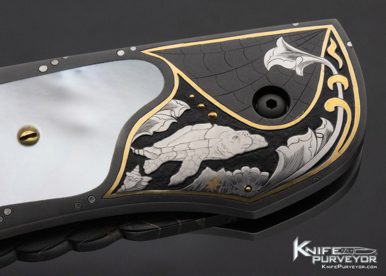 Jim Minnick Custom Knife Damascus and Pearl Button Release Automatic "King of the Seas" Engraved by Joyce Minnick - Image 3