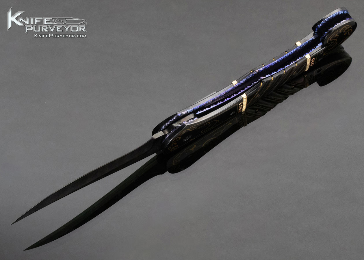 Jim Minnick Custom Knife Jerry Rados Damascus and Piqued Black Lip Pearl Automatic Persian Engraved by Joyce Minnick with 24Kt Gold Inlays - Image 7