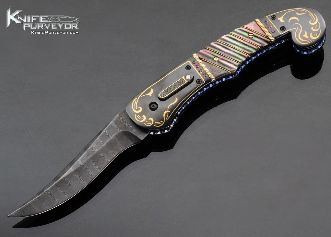 Jim Minnick Custom Knife Jerry Rados Damascus and Piqued Black Lip Pearl Automatic Persian Engraved by Joyce Minnick with 24Kt Gold Inlays 11438