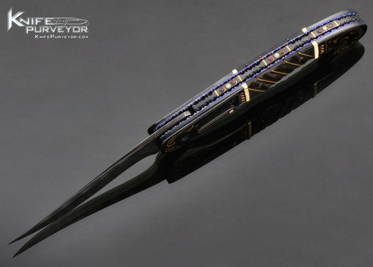 Jim Minnick Custom Knife Jerry Rados Damascus and Piqued Black Lip Pearl Automatic Persian Engraved by Joyce Minnick with 24Kt Gold Inlays - Image 6
