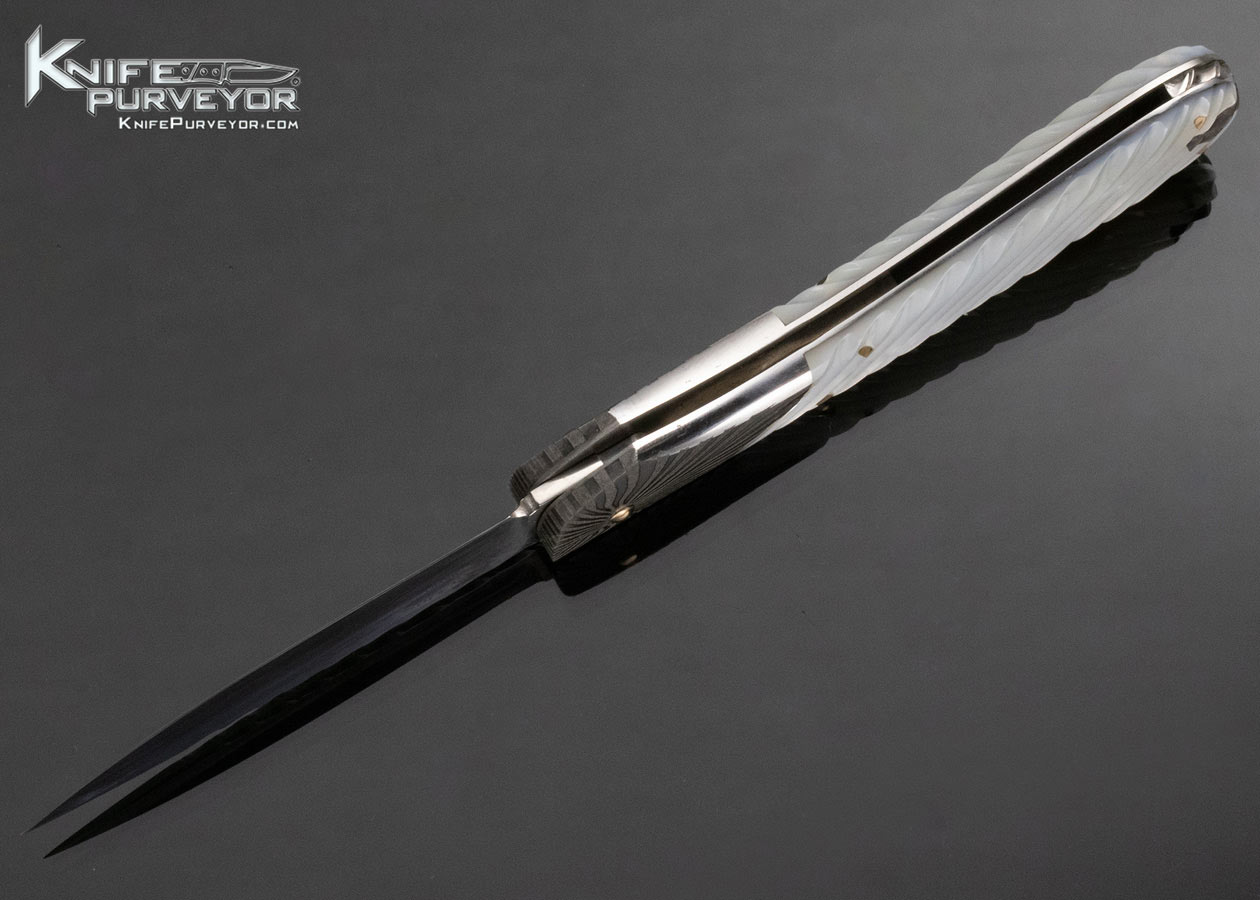 Joe Kious Custom Knife Fluted Pearl and Damascus Lockback 13858