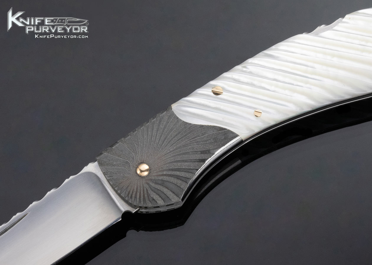Joe Kious Custom Knife Fluted Pearl and Damascus Lockback with 14Kt Gold Toothpick - Image 2