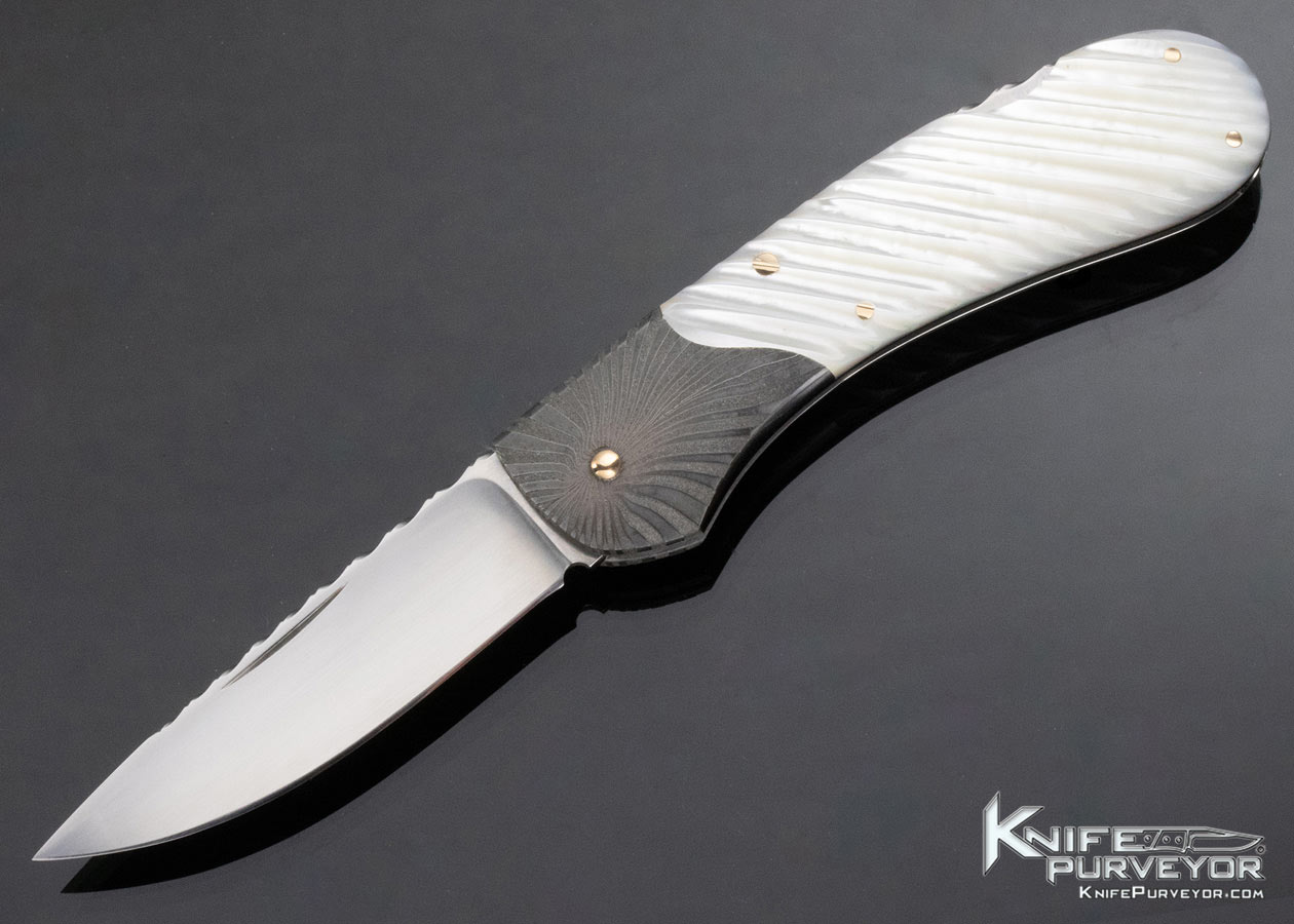 Joe Kious Custom Knife Fluted Pearl and Damascus Lockback 13858