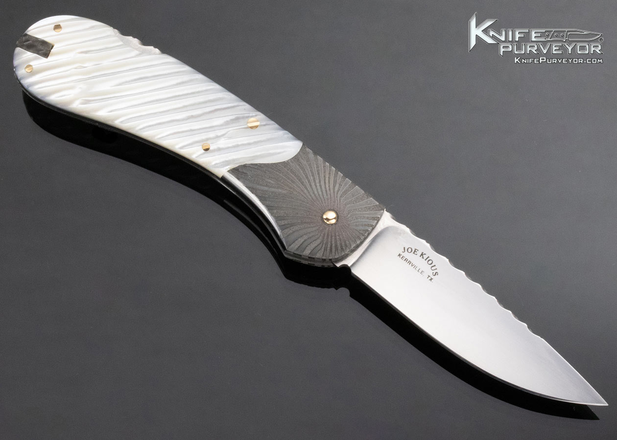 Joe Kious Custom Knife Fluted Pearl and Damascus Lockback with 14Kt Gold Toothpick - Image 3